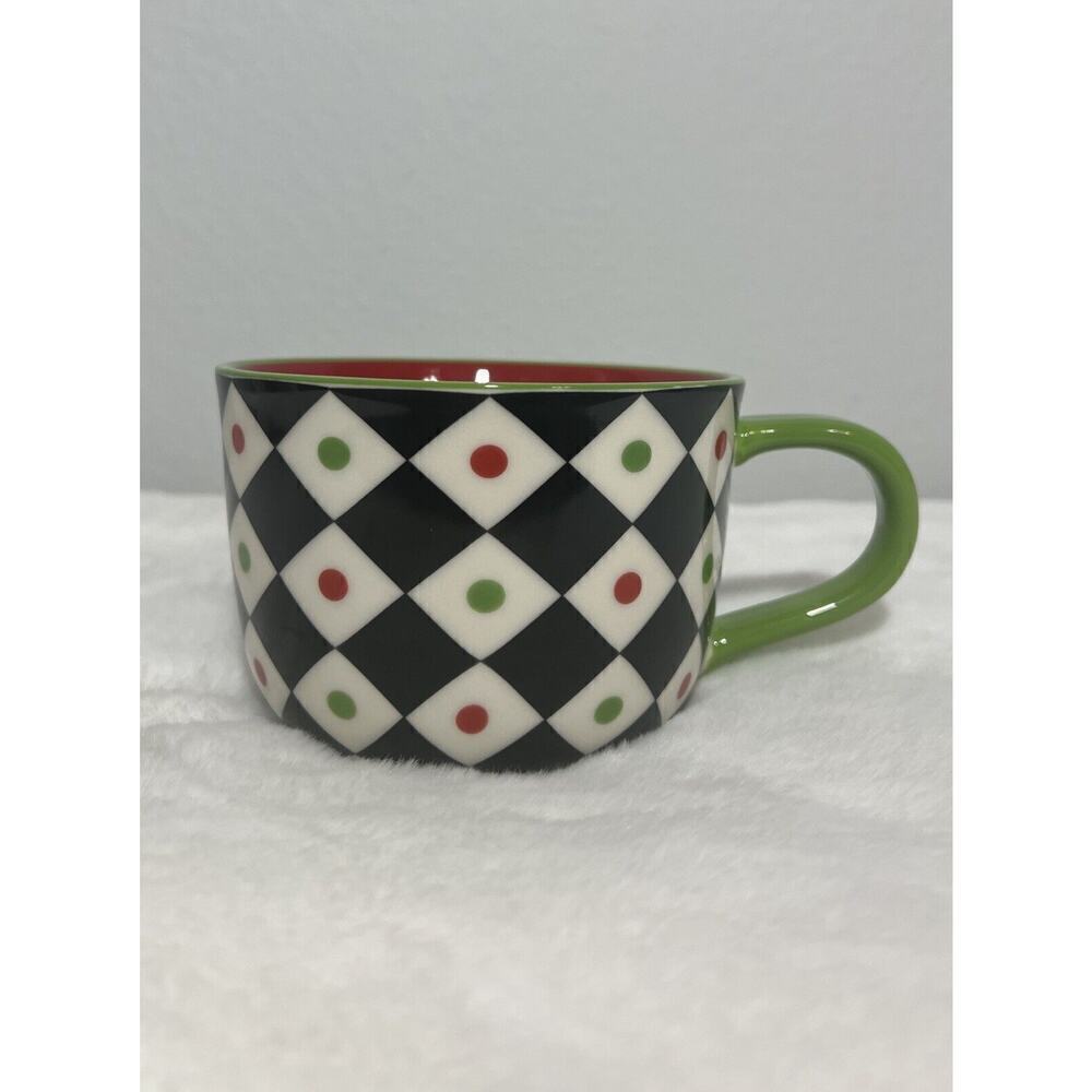 Pier 1 Imports Christmas Stoneware Coffee Mug Cup Harlequin Diamonds Check‎ Dots